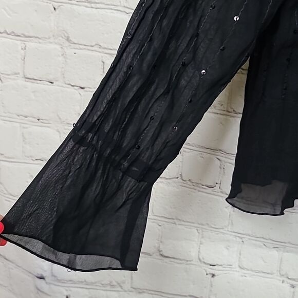 Vintage Petite Black Sheer Sequin Frilly Ruffle Button Down Crepe Blouse Whimsy - Picture 4 of 11